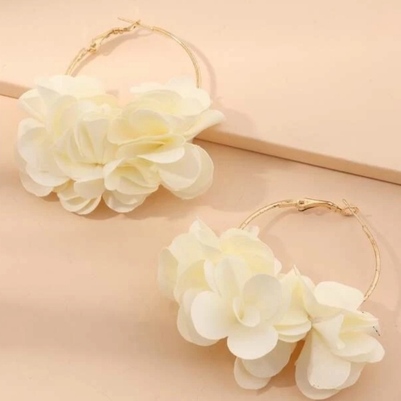 Gold Hoop statement earrings flower ivory Petals wedding fabric 💖2/$30 - Picture 8 of 12
